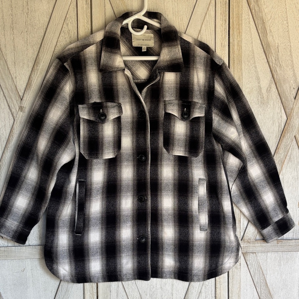 Lucky Brand Black and White Plaid Utility Jacket Shacket